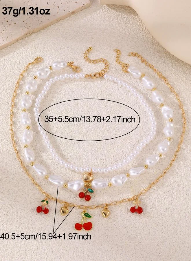 Take Two  Pack of 3 - Pearl Beaded Necklace with Cherry Charms for Women | Best Price UAE